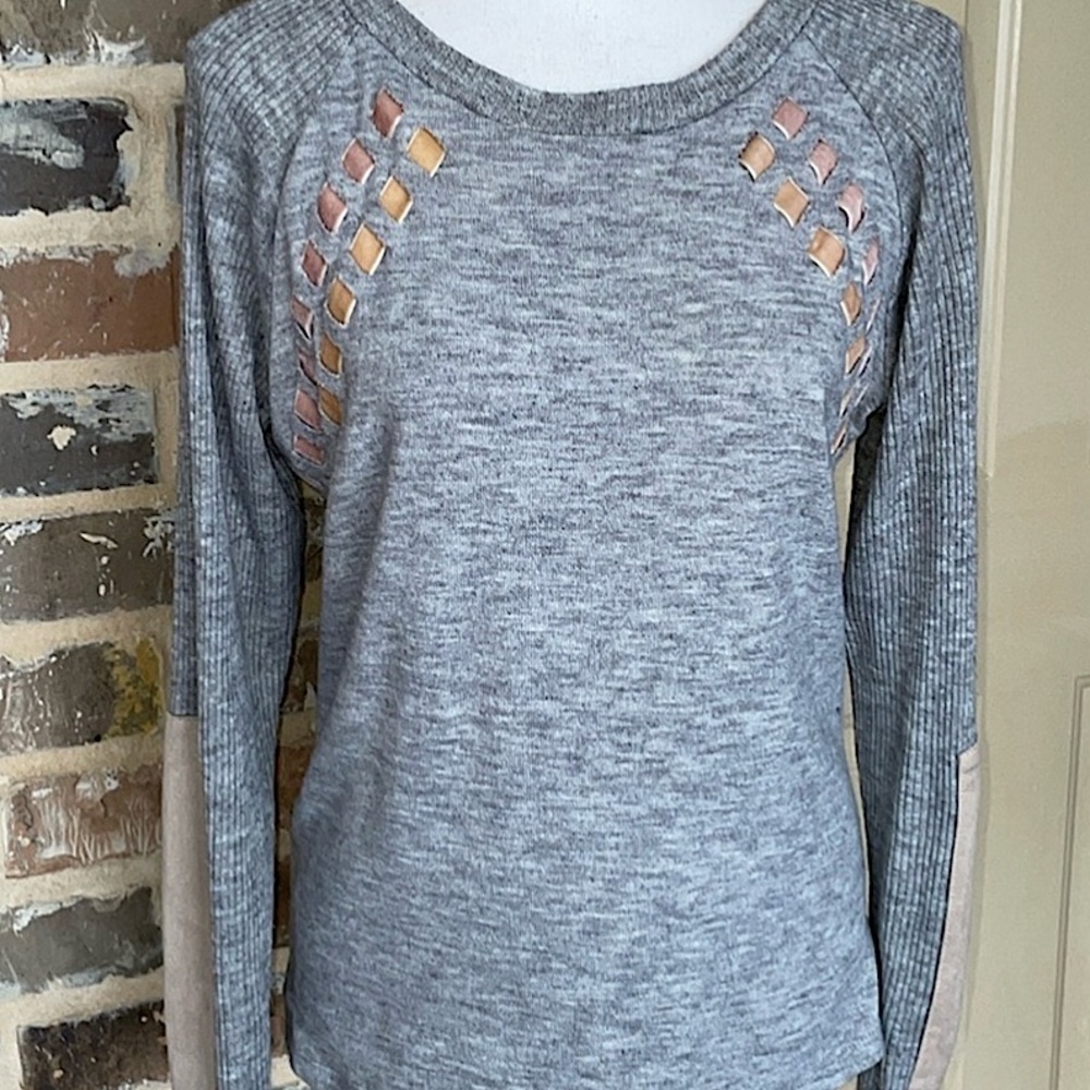 THML Gray Velour Ribbon Laced and Patched Long Sleeve Sweater Size Small